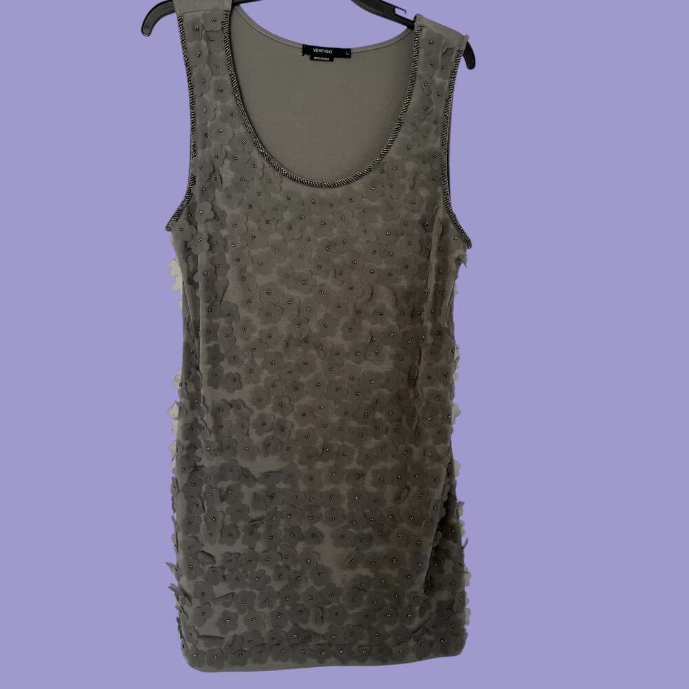 Vertigo Gray 3D Floral Applique Beaded Sleeveless Tank Top or Mini Dress Size L